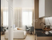Modern apartment interior with open door, featuring a kitchen and a living area with natural light.