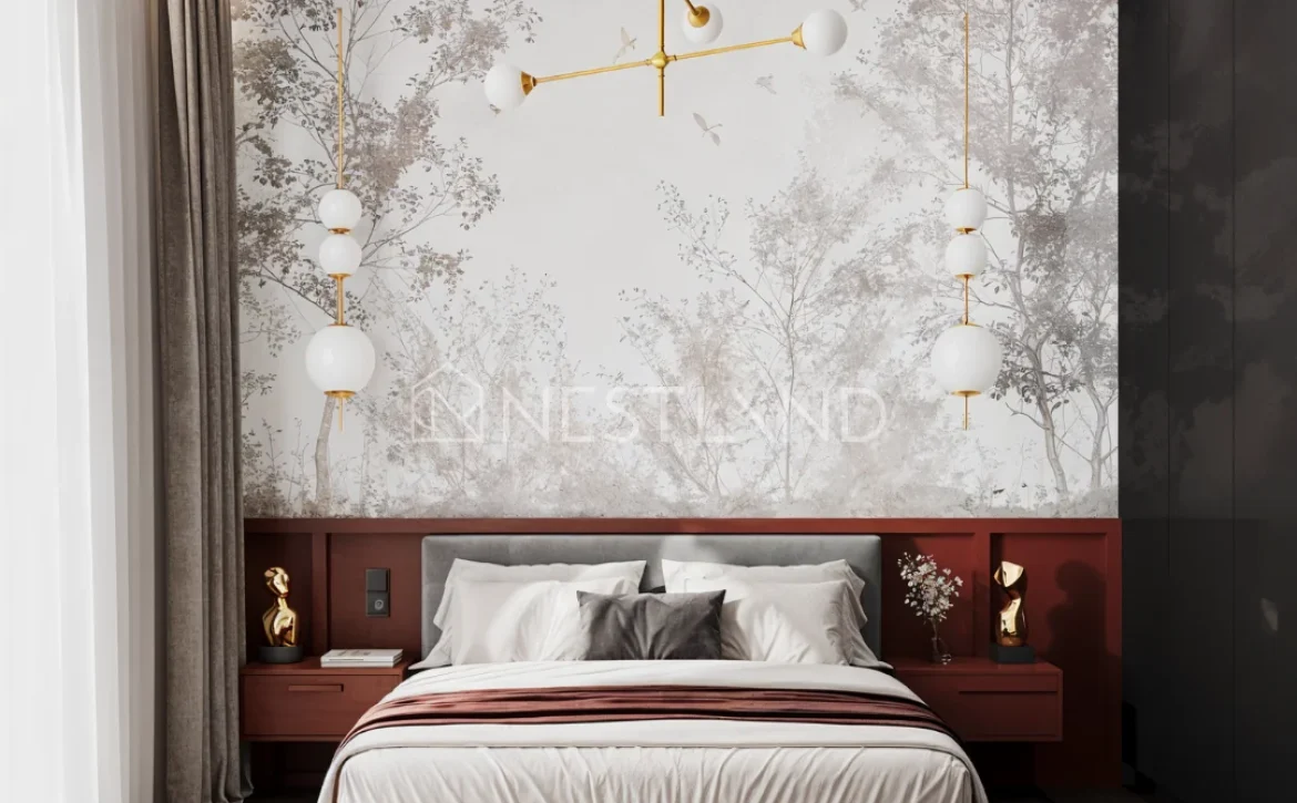 Modern bedroom featuring a gray bed with decorative pillows, elegant lighting, and a nature-themed wall mural.