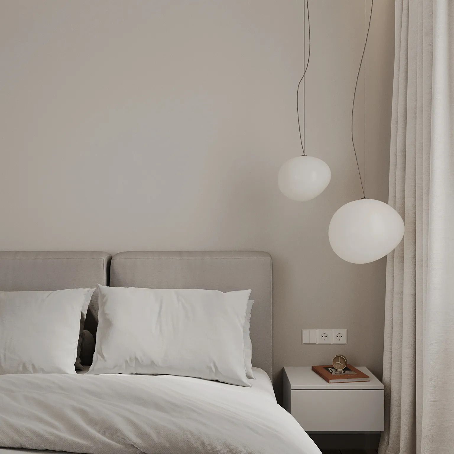 Neutral-toned bedroom with a bed, white pillows, and two white spherical pendant lights hanging by the wall.